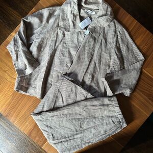 2 piece grey linen skirt set Christopher Calvin striped wrap pearl button 1x